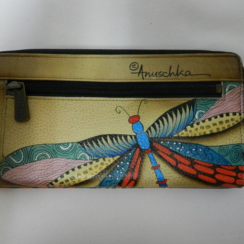Anuschka Leather Butterfly clutch Zip around Hand painted wallet 8.5" x 4" NEW